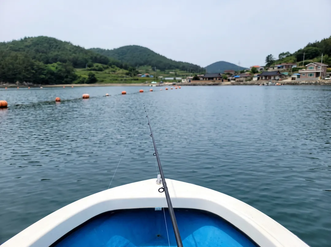 배 위에서 낚싯대를 드리우고 바라본 잔잔한 앞바다